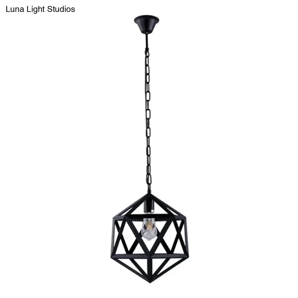 1-Light Retro Industrial Pendant Ceiling Light with Prism Cage and Metallic Finish