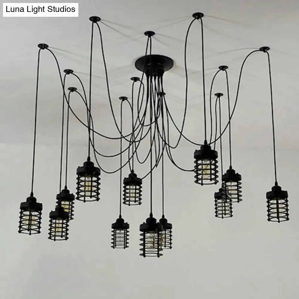 12-Head Swag Pendant Lamp for Farmhouse Bedroom - Multi Light Ceiling Fixture with Black Iron Cage