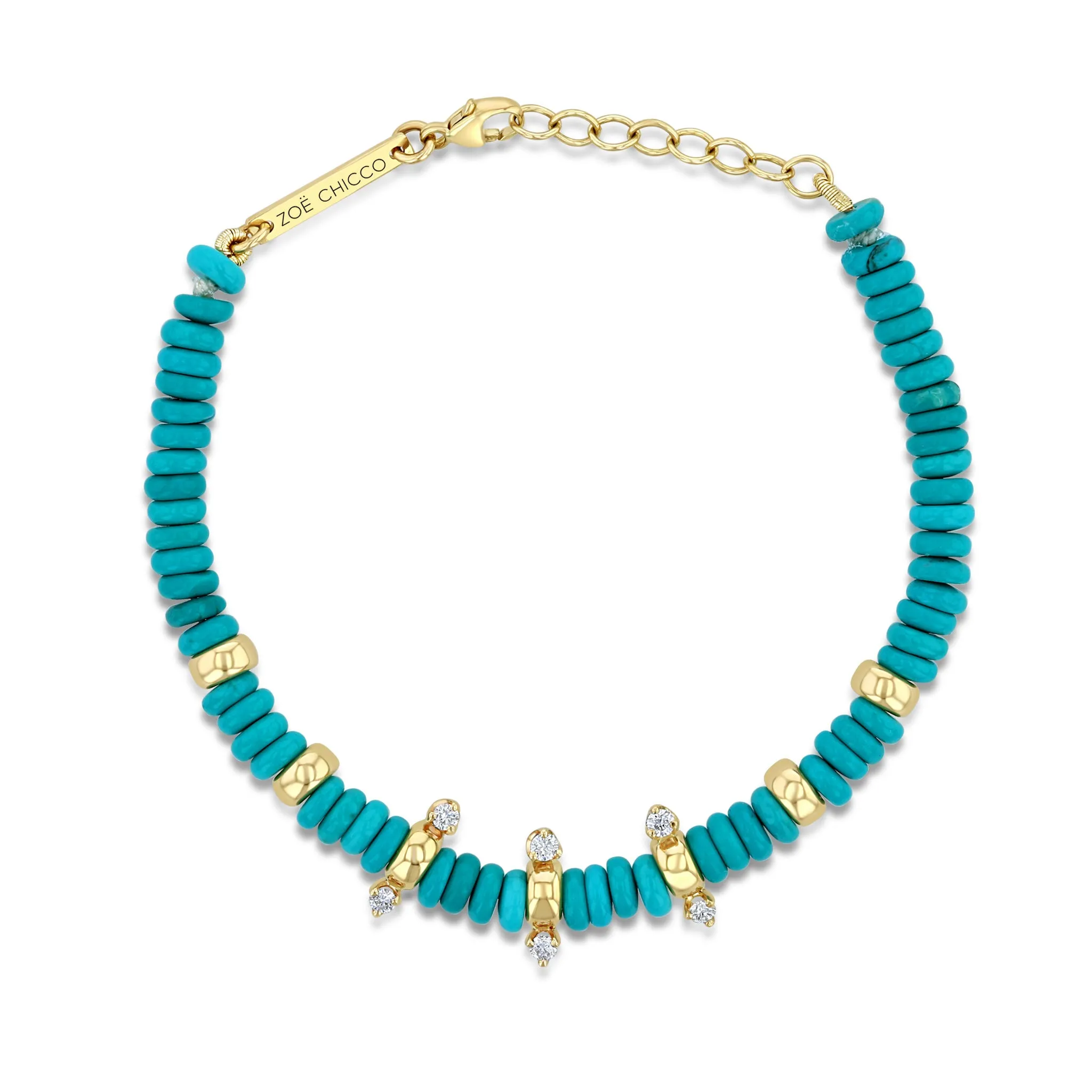 14k Gold & Turquoise Rondelle Bead Bracelet with 2 Prong Diamonds