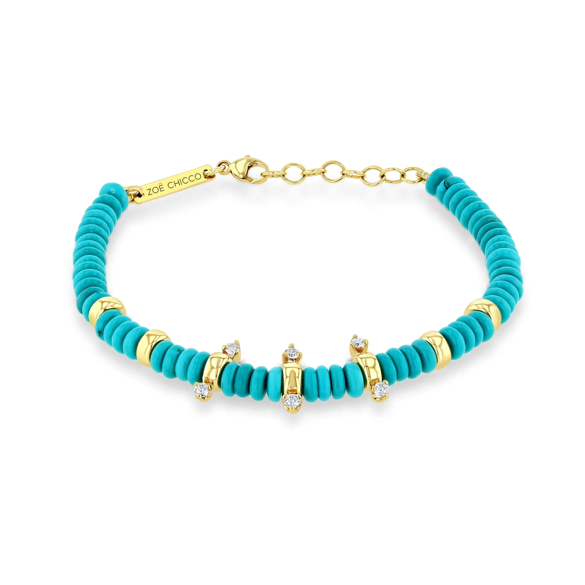 14k Gold & Turquoise Rondelle Bead Bracelet with 6 Prong Diamonds