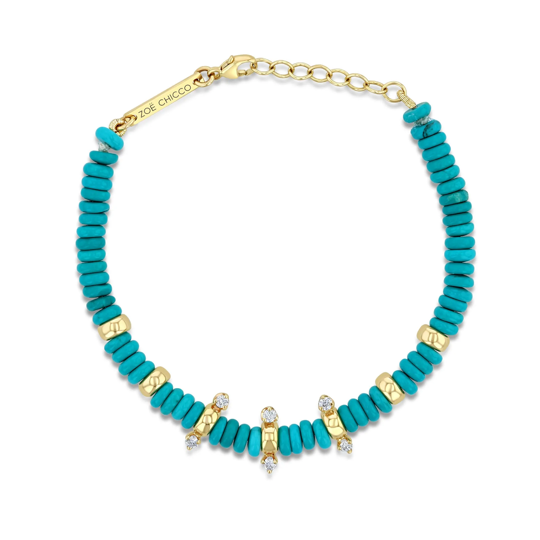 14k Gold & Turquoise Rondelle Bead Bracelet with 6 Prong Diamonds