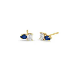 14k Pear Blue Sapphire & Emerald Cut Diamond Studs