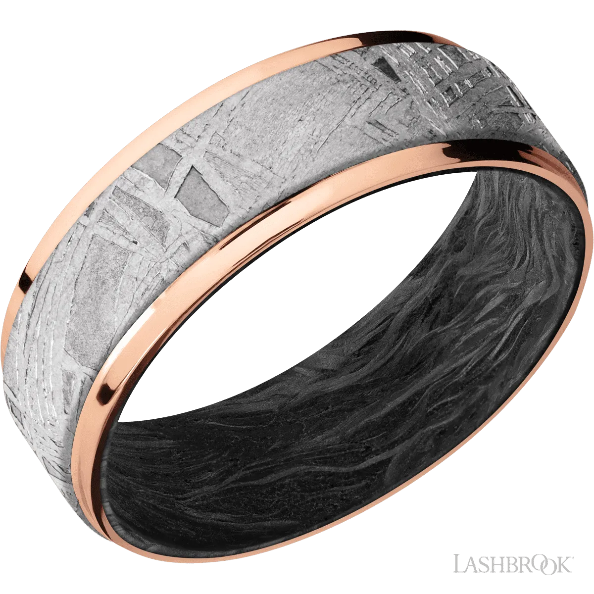 14K Rose Gold with Polish Finish and Meteorite Inlay and Forged Carbon Fiber - 7MM