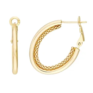 14K Yellow Gold High Polish and Popcorn Double Hoop Omega Earrings