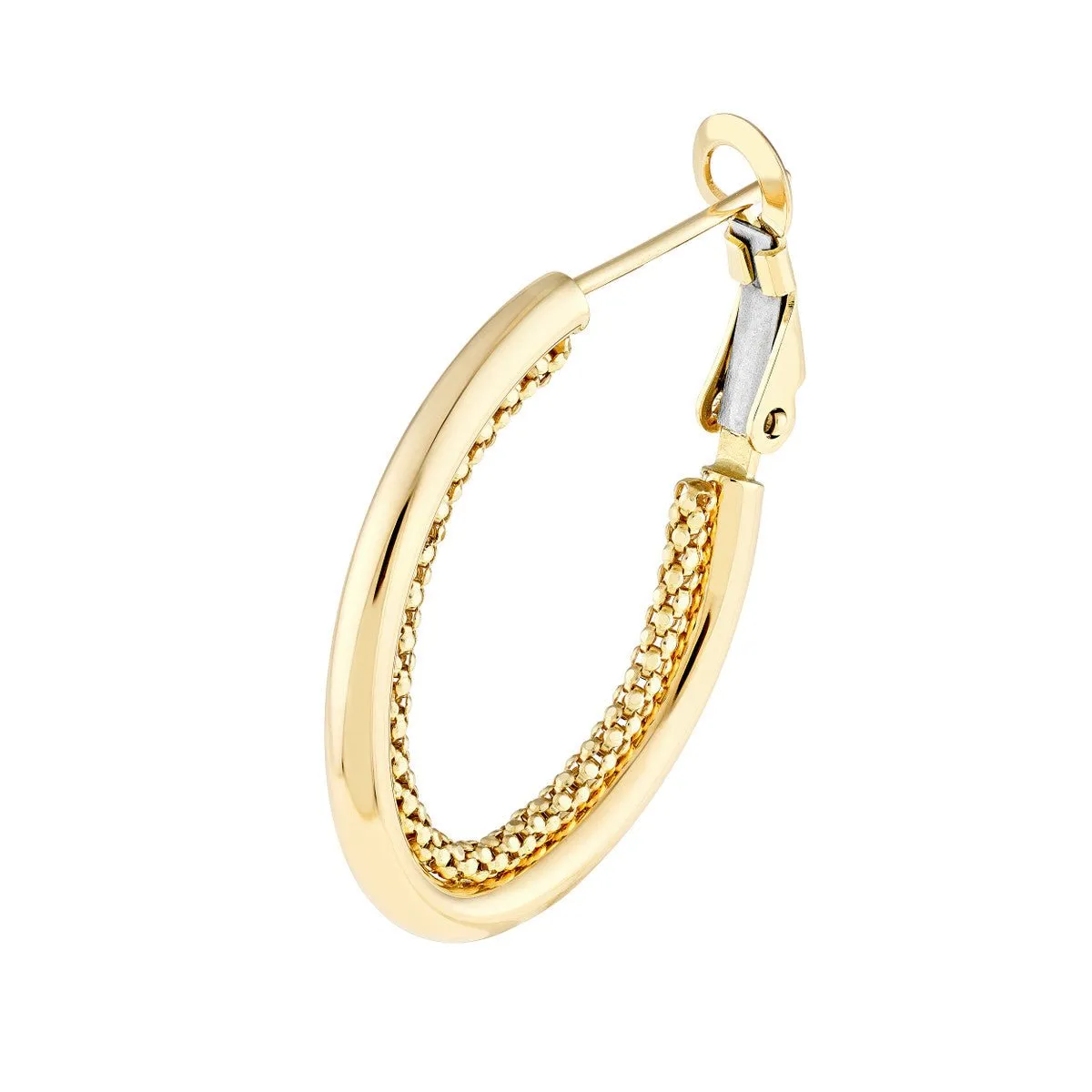 14K Yellow Gold High Polish and Popcorn Double Hoop Omega Earrings