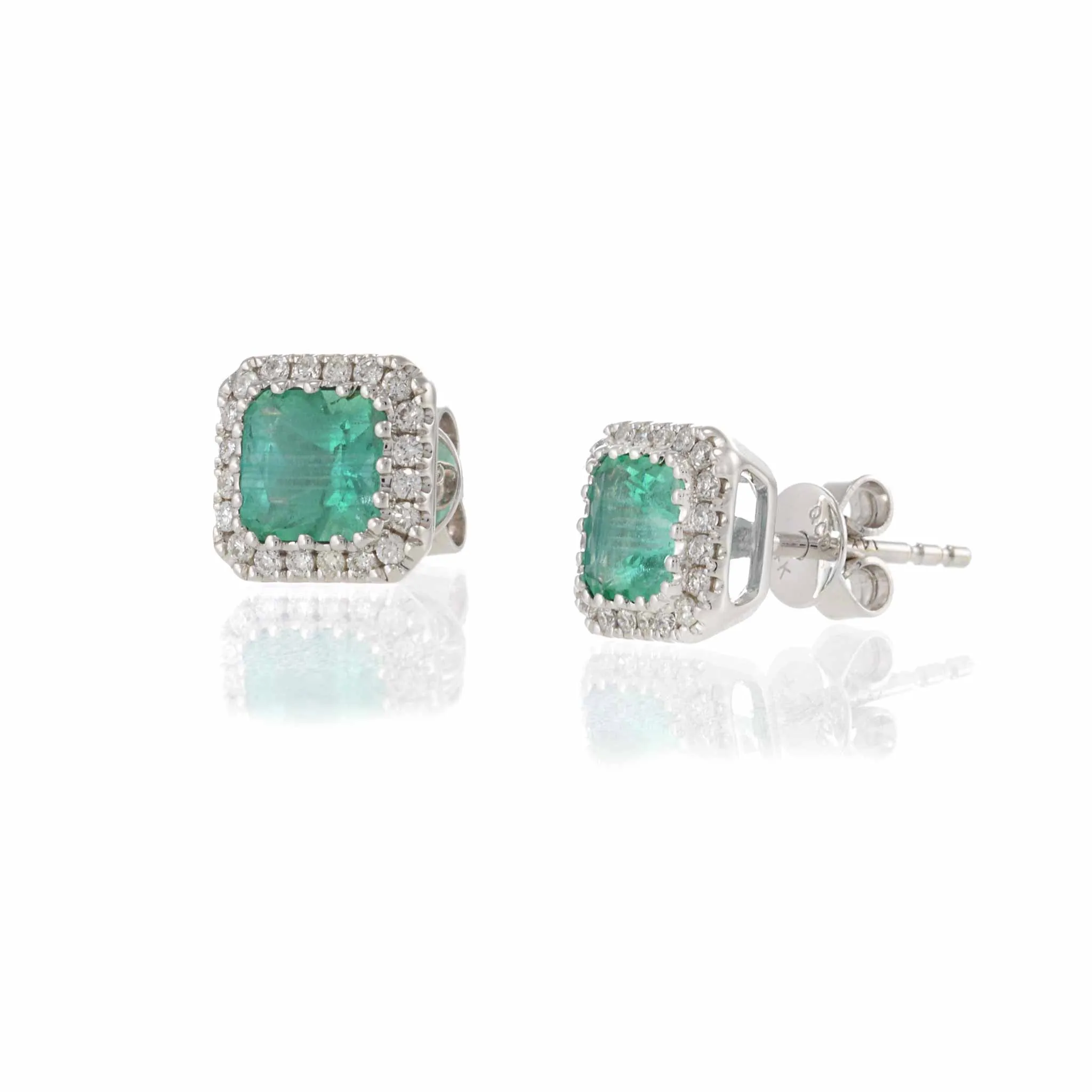 14KT White Gold Emerald and Diamond Halo Earrings