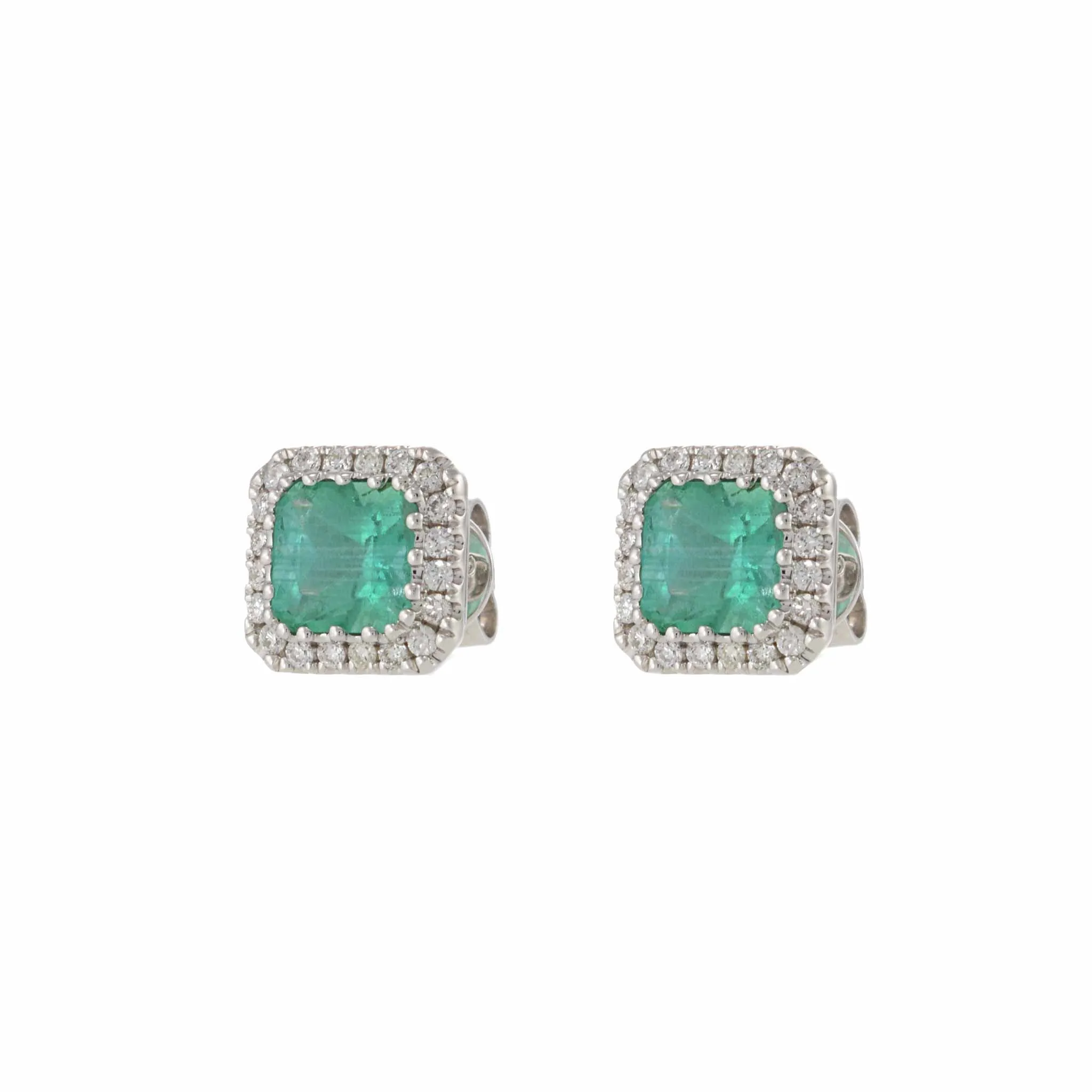 14KT White Gold Emerald and Diamond Halo Earrings