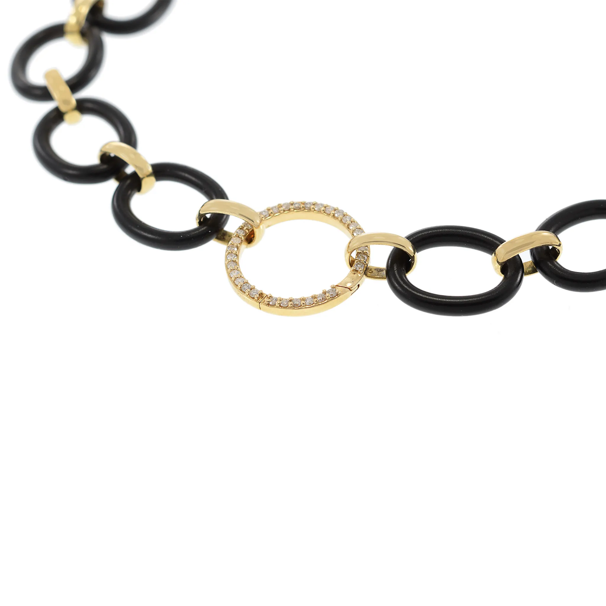 14KT Yellow Gold and Black Sterling Silver Circle Link Oval Chain Necklace with Diamonds