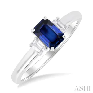 1/5 Ctw Emerald Cut 6X4 MM Sapphire and Diamond 3-Stone Precious Ring in 14K White Gold