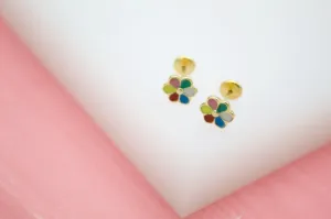 18K Gold Filled Colorful Flower Stud Earrings With CZ Cubic Zirconia Stone