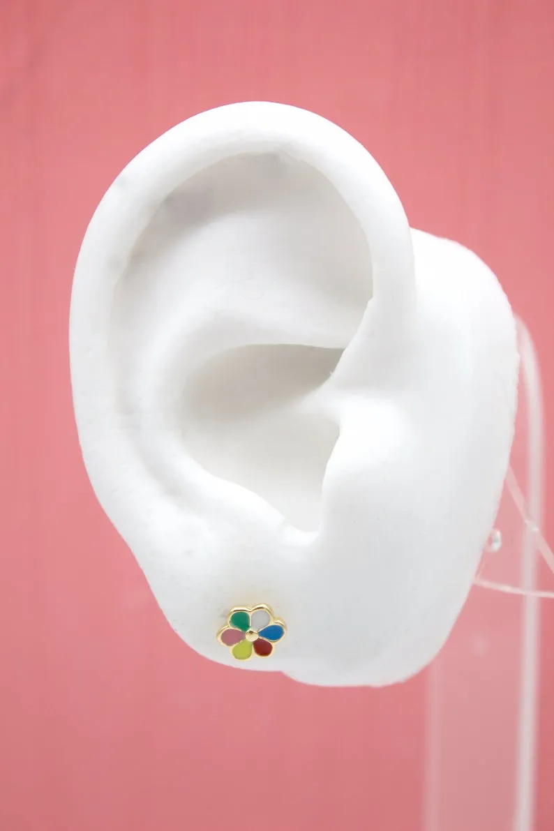 18K Gold Filled Colorful Flower Stud Earrings With CZ Cubic Zirconia Stone