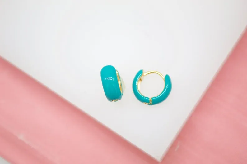 18K Gold Filled Small Enamel Neon Color Round Huggies Earrings (L241)