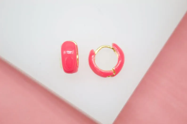 18K Gold Filled Small Enamel Neon Color Round Huggies Earrings (L241)