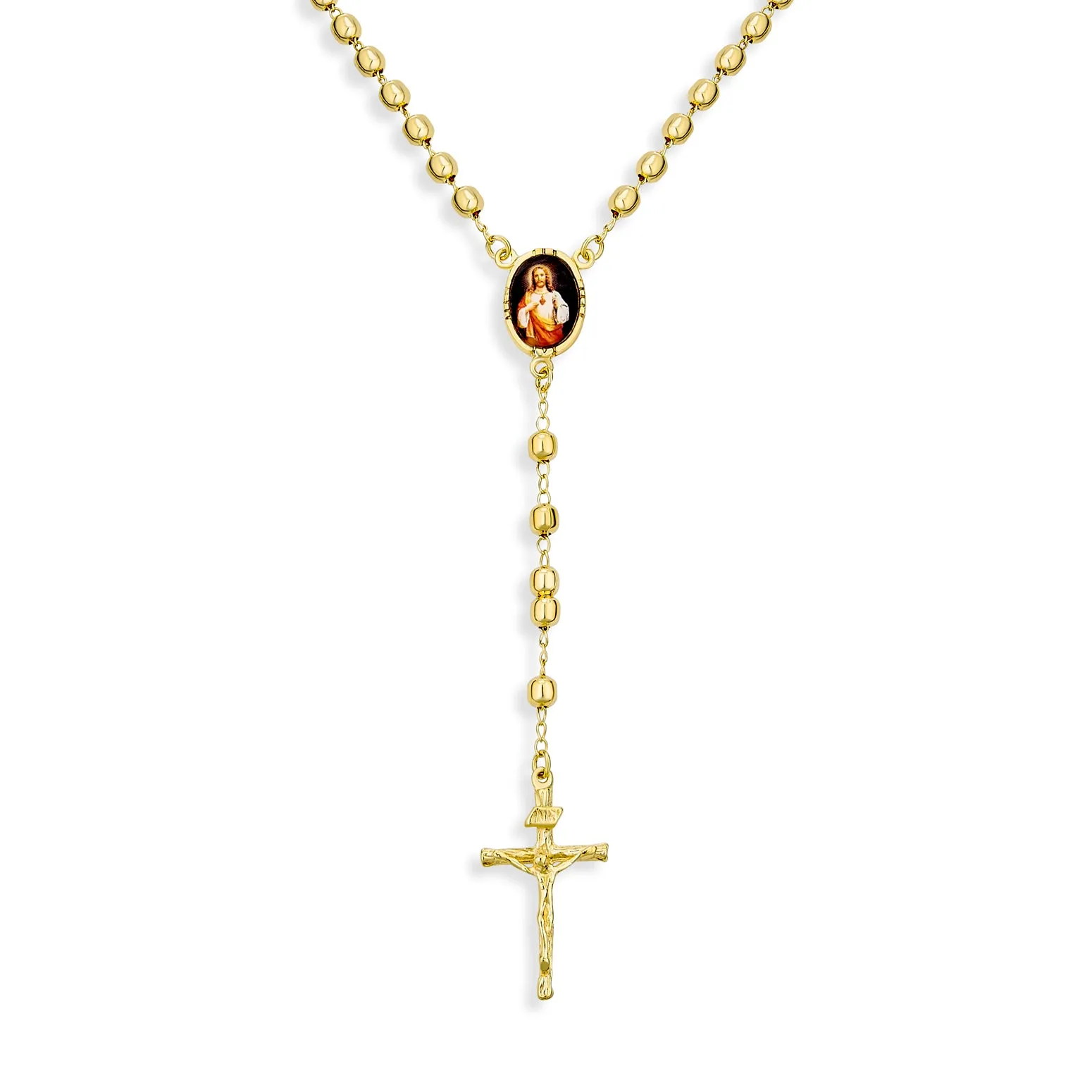 18K Gold Plated Rosary Necklace with Sacred Heart of Jesus Crucifix Beads