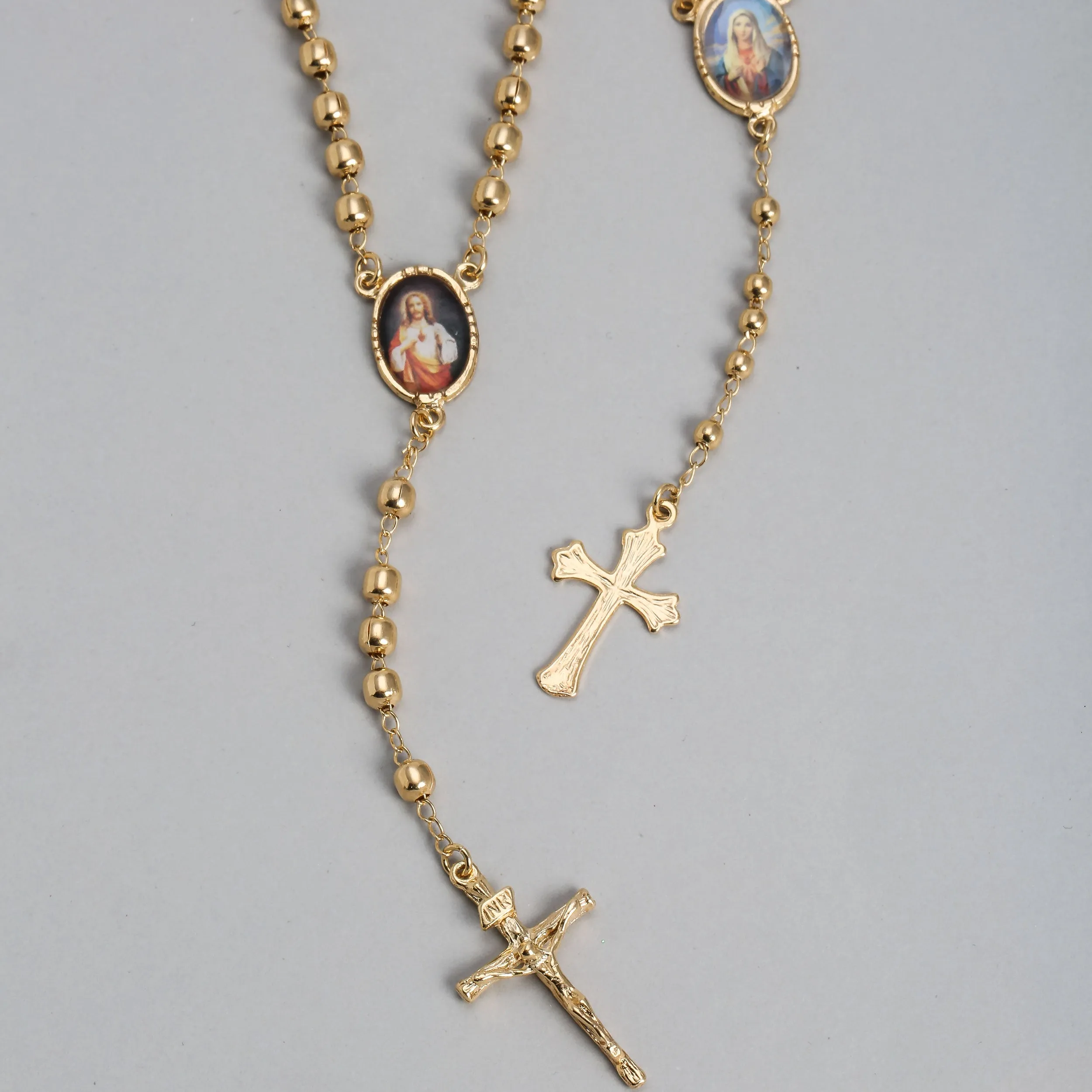 18K Gold Plated Rosary Necklace with Sacred Heart of Jesus Crucifix Beads