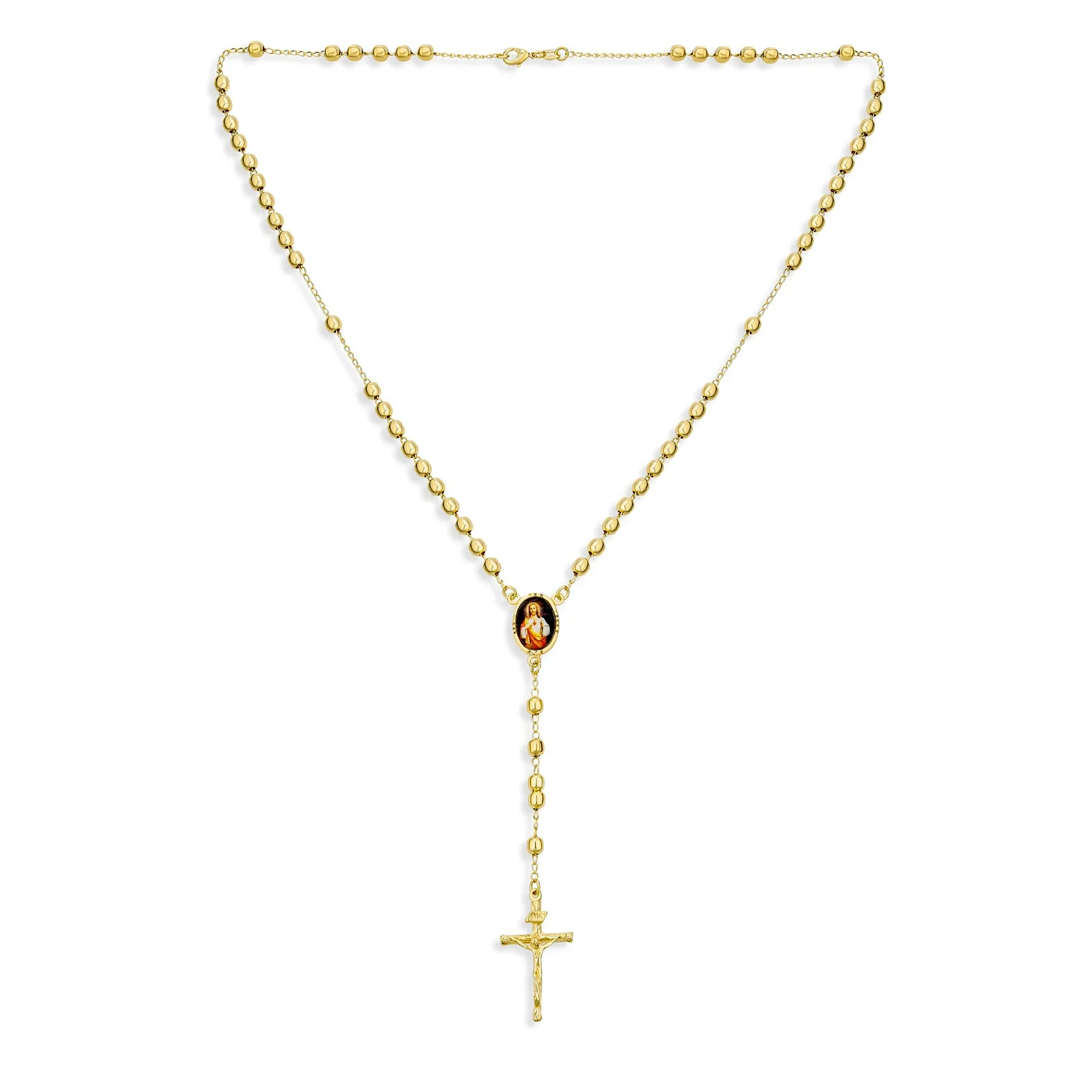 18K Gold Plated Rosary Necklace with Sacred Heart of Jesus Crucifix Beads