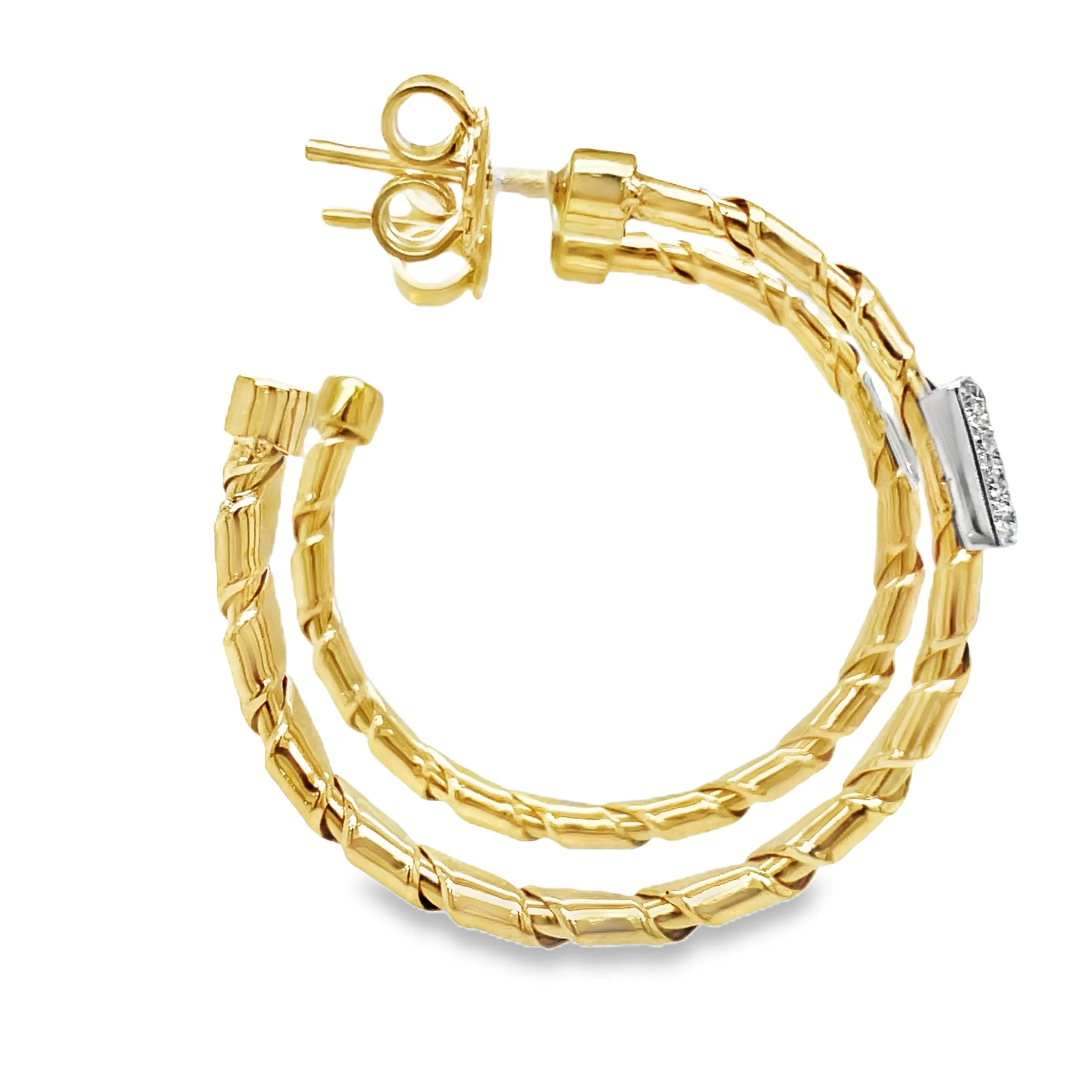 18K Two Tone Italian Made Diamond Yellow Gold Flexible Large Hoop Earring