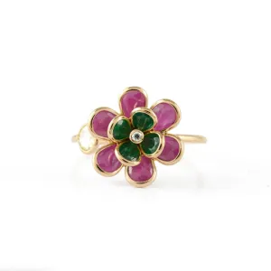 18K Yellow Gold Multi Precious Flower Ring