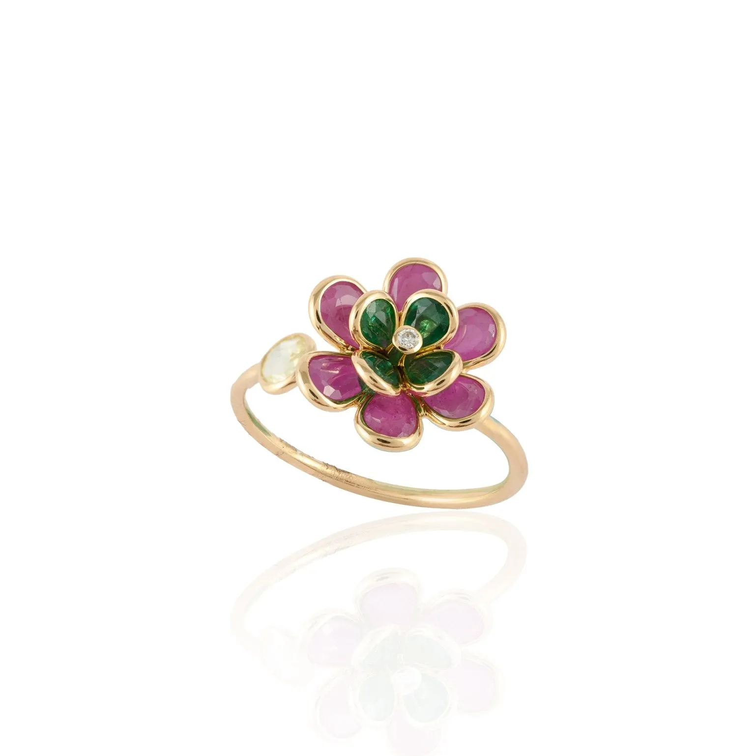 18K Yellow Gold Multi Precious Flower Ring