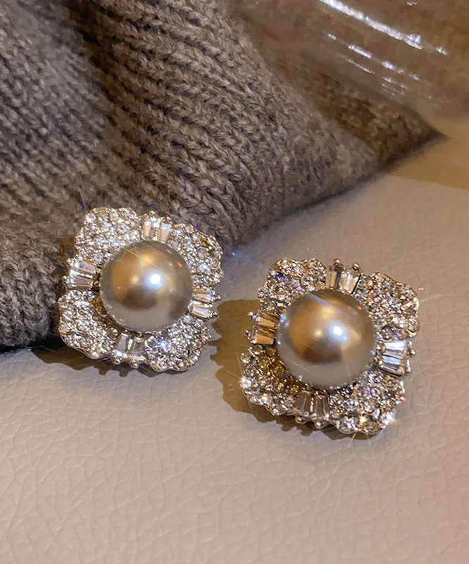 2024 New Grey Alloy Pearl Zircon Stud Earrings PO054