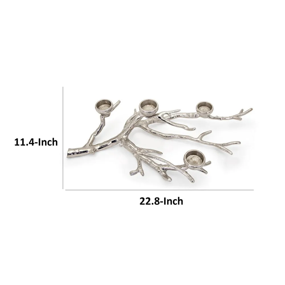 23 Inch Metal Tea Light Holder, Tree Branch Design, 4 Candle Slots, Silver By Casagear Home