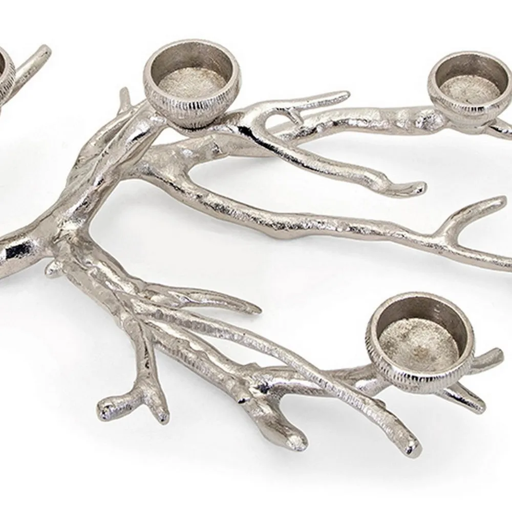 23 Inch Metal Tea Light Holder, Tree Branch Design, 4 Candle Slots, Silver By Casagear Home