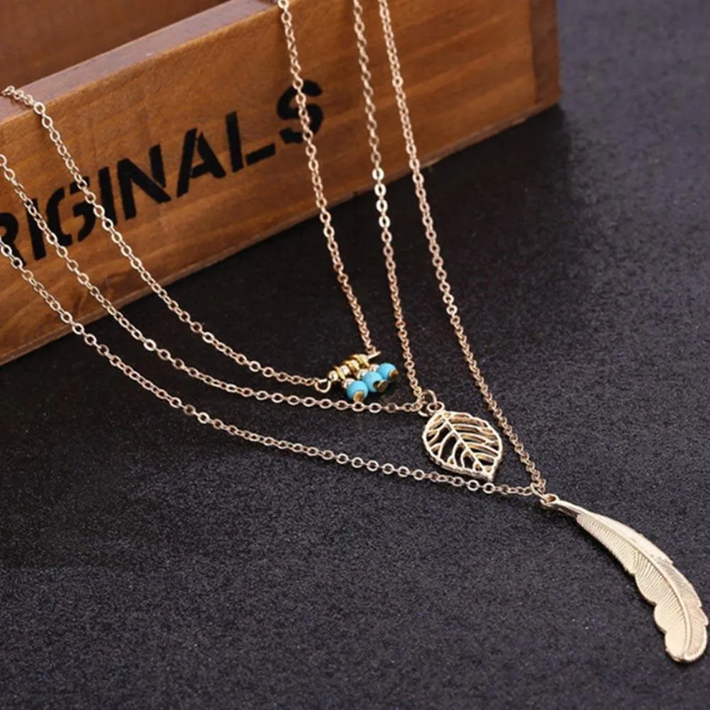 3 Layer Leaf Long Chain Pendant Necklaces for Women