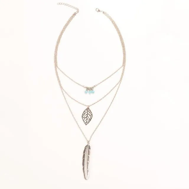 3 Layer Leaf Long Chain Pendant Necklaces for Women