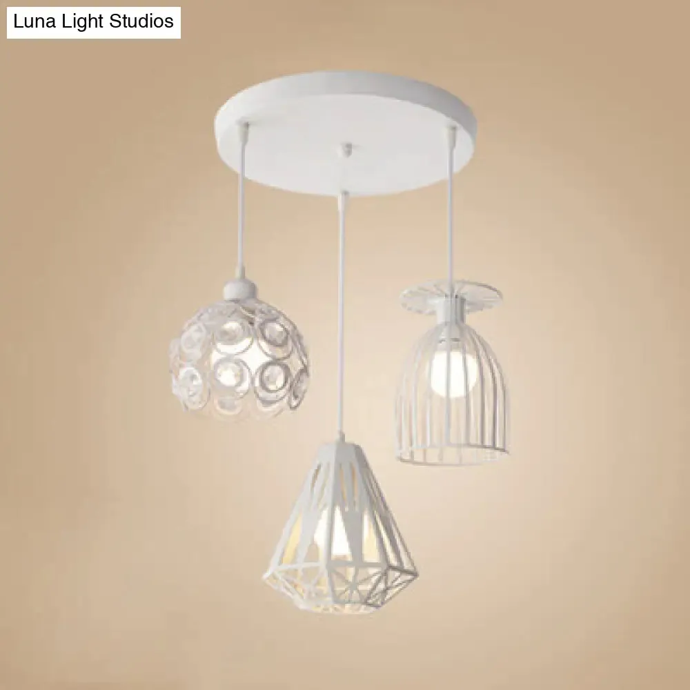 3-Light Loft Style Caged Metal Ceiling Fixture with Black/White Shades - Perfect for Restaurants