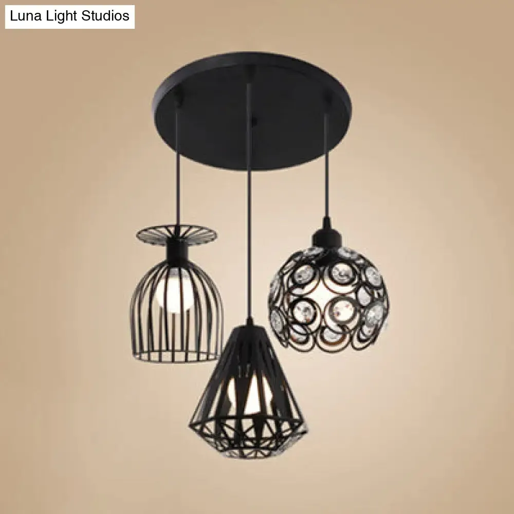 3-Light Loft Style Caged Metal Ceiling Fixture with Black/White Shades - Perfect for Restaurants