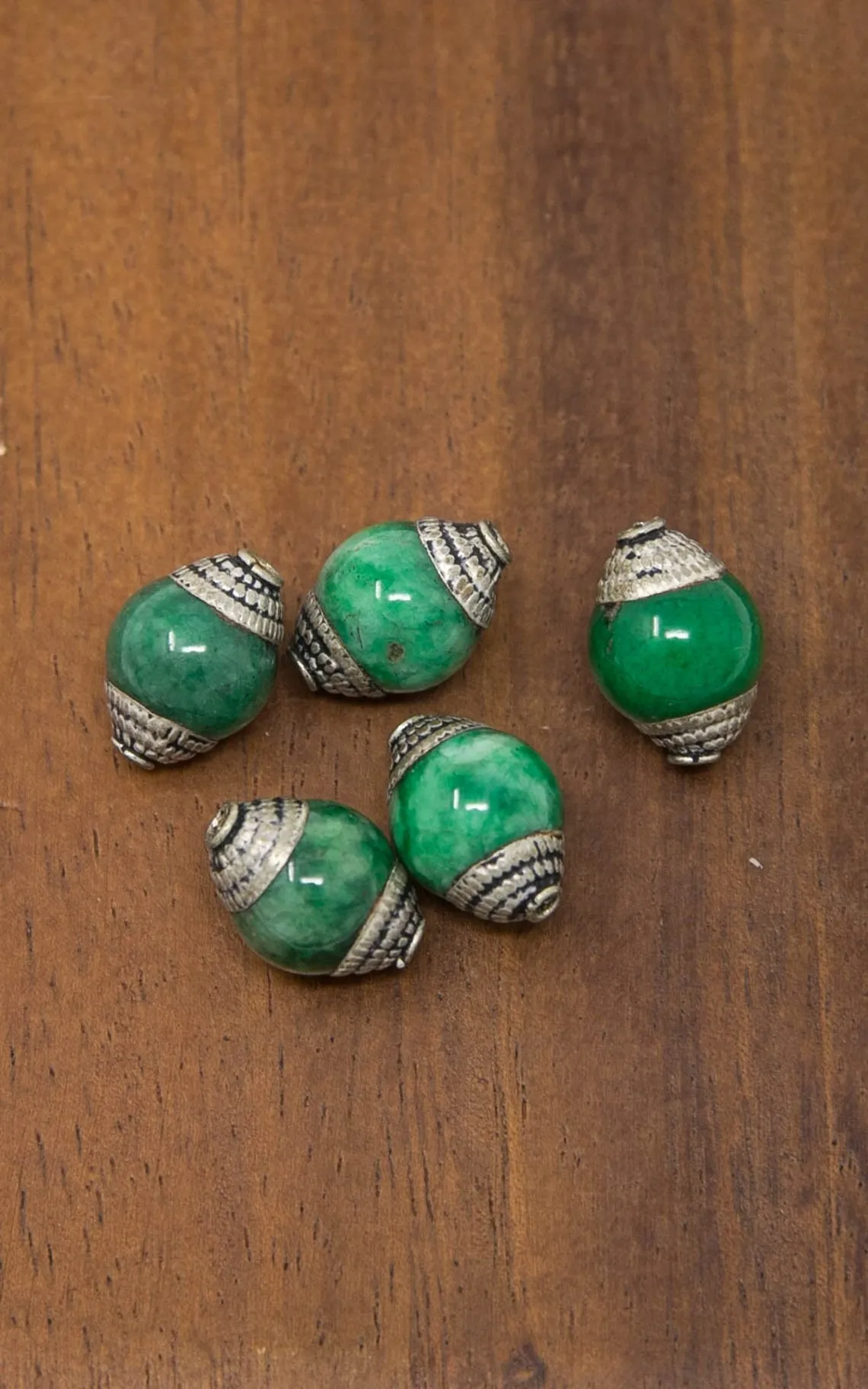 5 Tribal Beads - 13mm Jade Nepal Beads - Capped Antique Spacer Beads - B11/Green