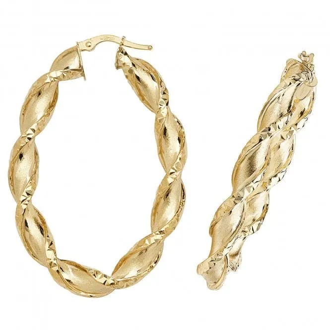 9ct Yellow Gold Oval Hoop Earrings with Diamond Cut Detail ER991