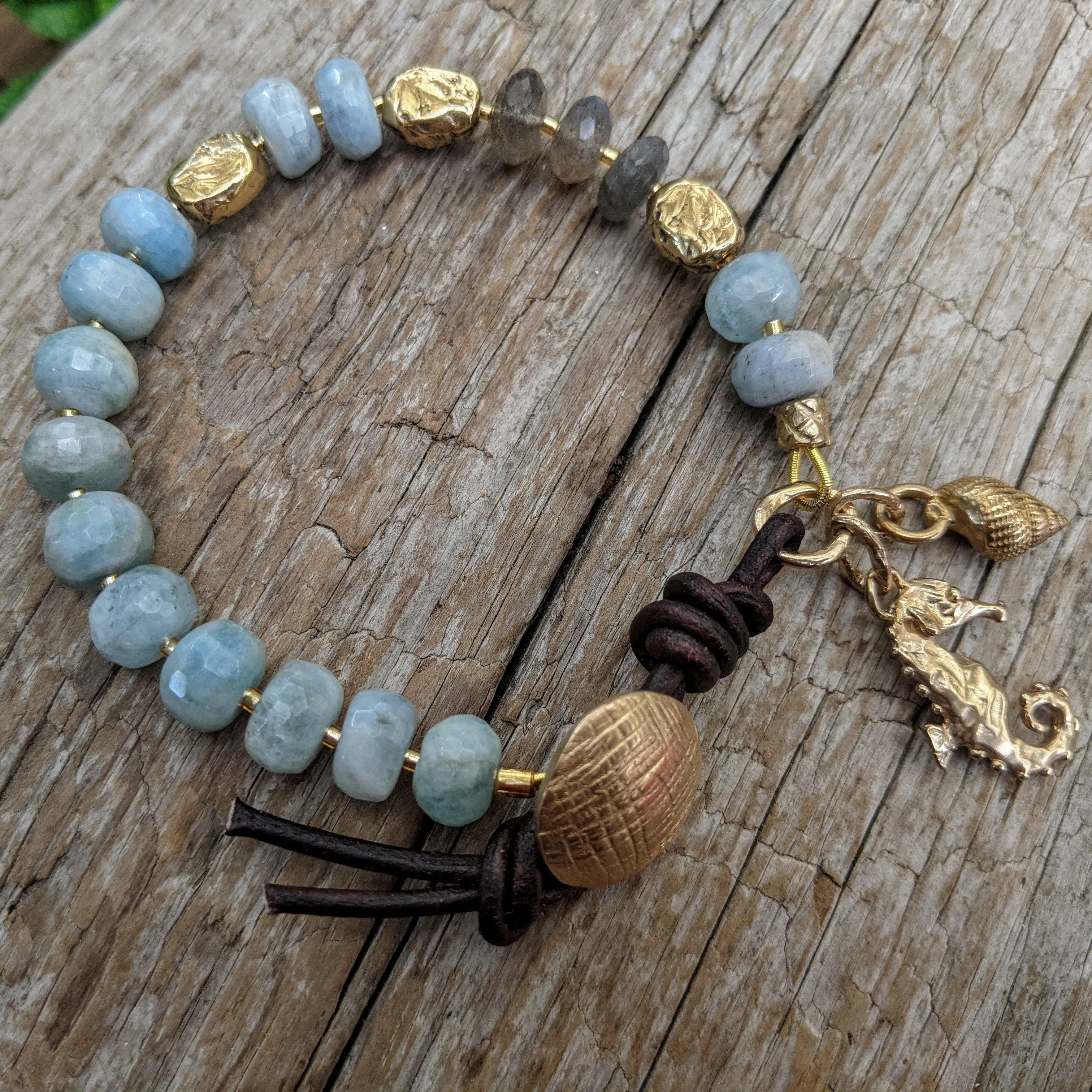 Aquamarine Artisan Bracelet & Seahorse, Shell Charms