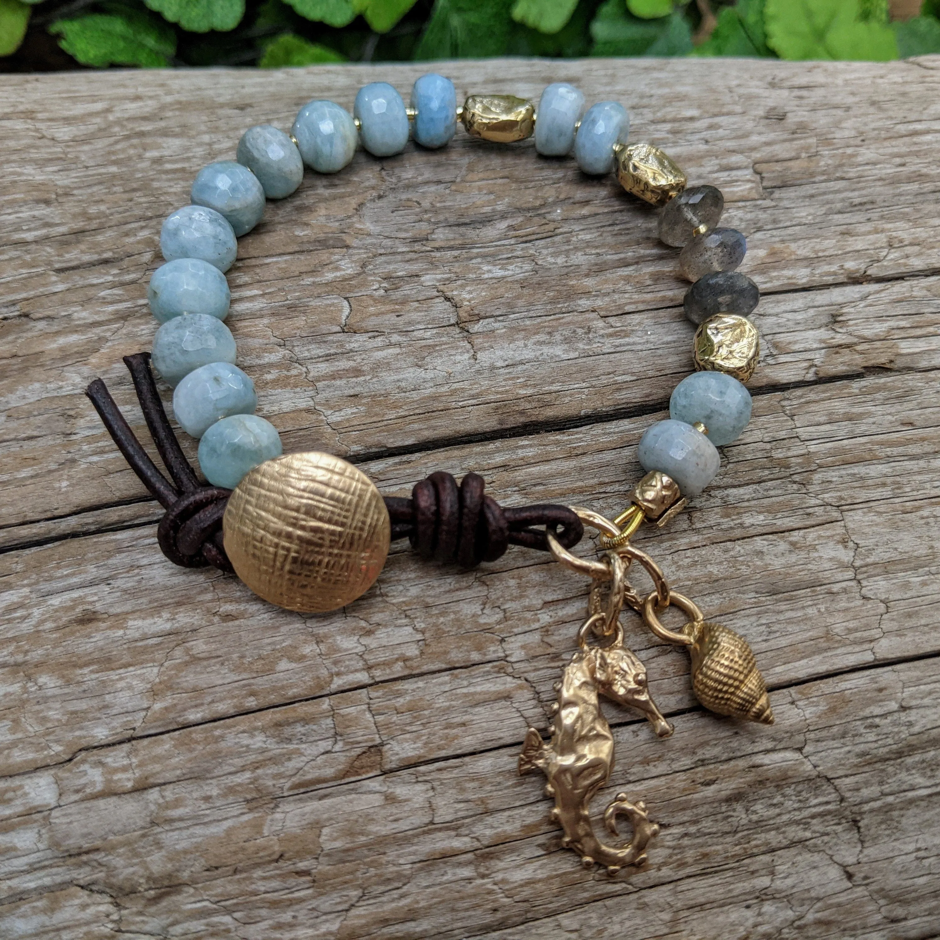 Aquamarine Artisan Bracelet & Seahorse, Shell Charms