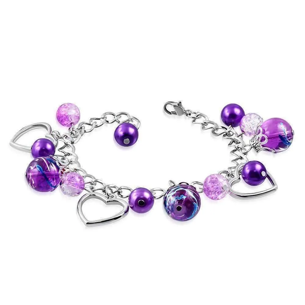 Artistic Purple Glass Bead & Silver Heart Charm Bracelet