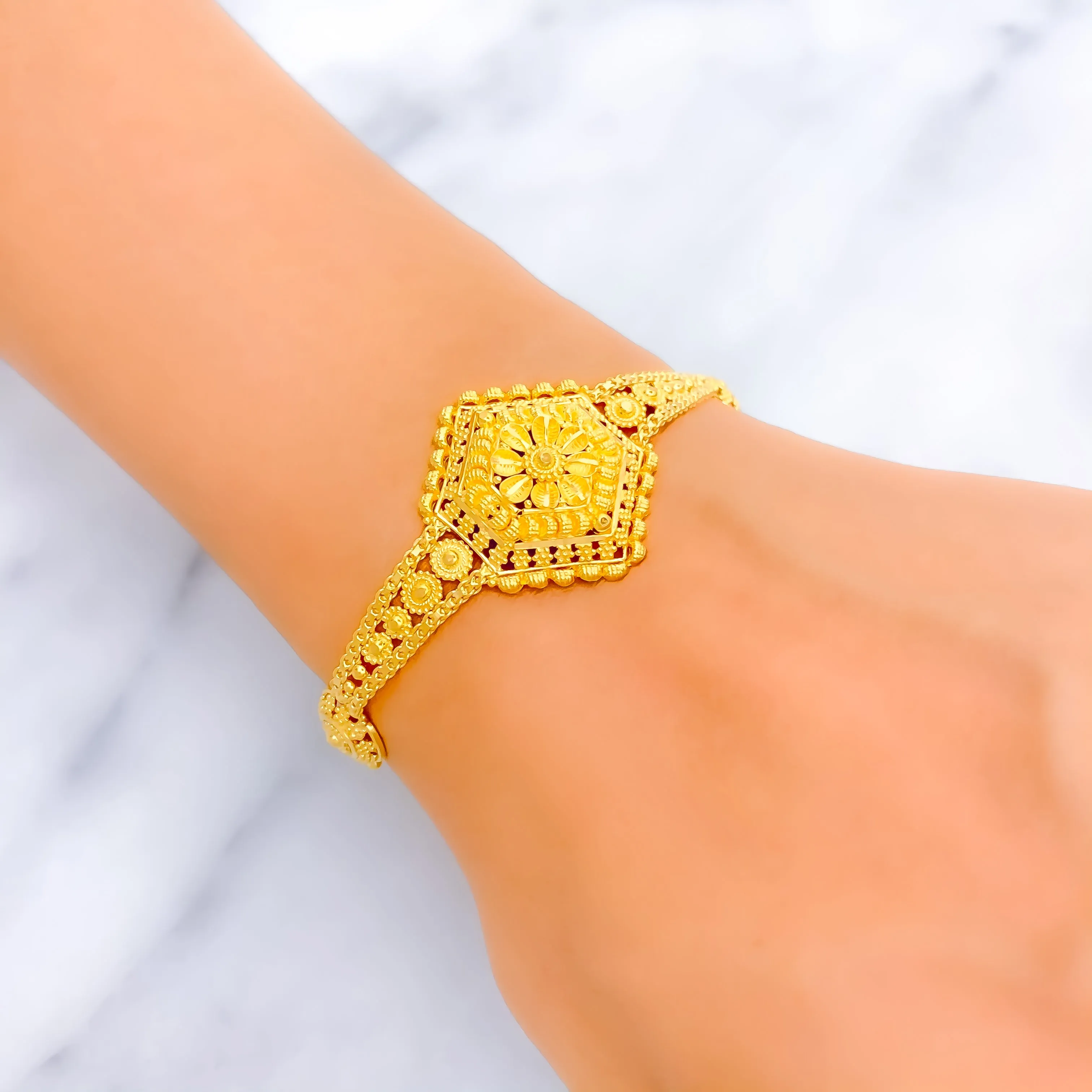 Attractive Floral Hexagon 22k Gold Bracelet