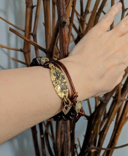 Baltic Amber & Tree Leather Wrap Bracelet