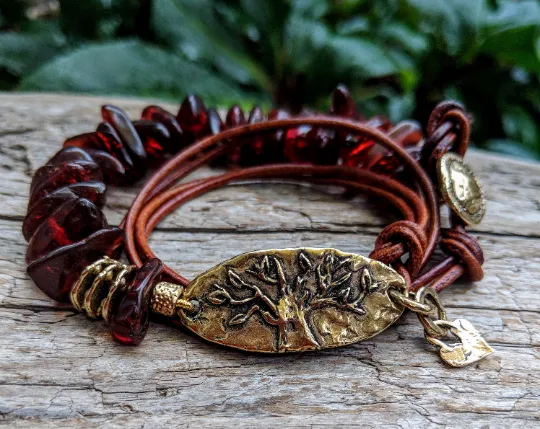 Baltic Amber & Tree Leather Wrap Bracelet