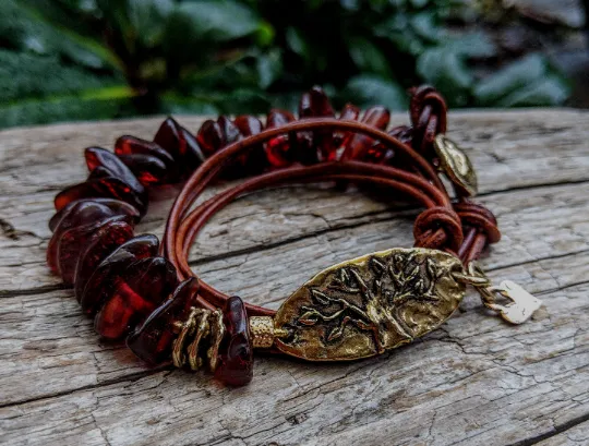 Baltic Amber & Tree Leather Wrap Bracelet