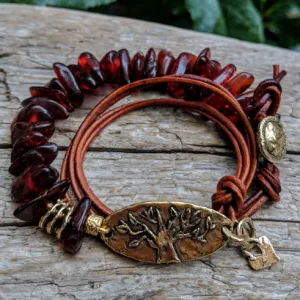 Baltic Amber & Tree Leather Wrap Bracelet