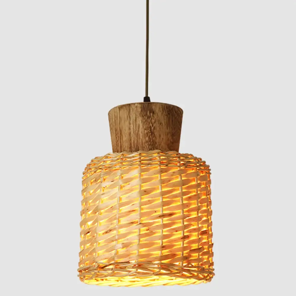 Bamboo Weave Pendant Light - Asian Style, 1-Light Wooden Hanging Lamp for Bedroom