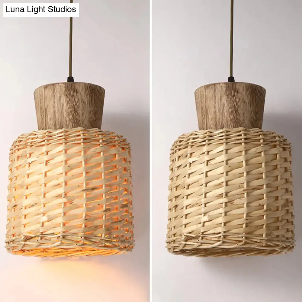 Bamboo Weave Pendant Light - Asian Style, 1-Light Wooden Hanging Lamp for Bedroom