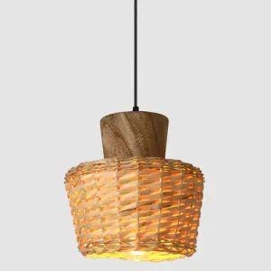 Bamboo Weave Pendant Light - Asian Style, 1-Light Wooden Hanging Lamp for Bedroom