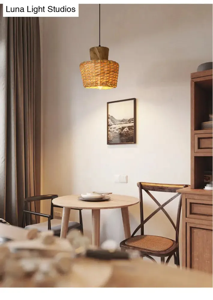 Bamboo Weave Pendant Light - Asian Style, 1-Light Wooden Hanging Lamp for Bedroom