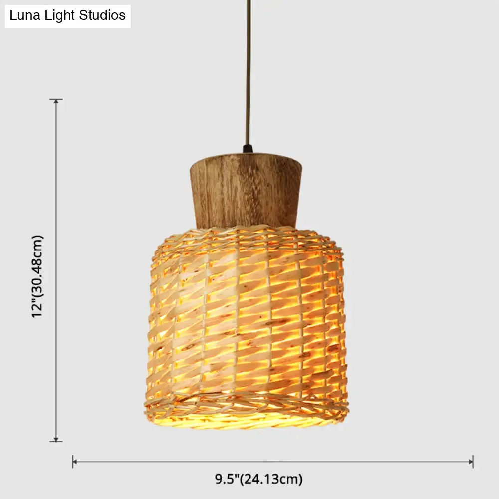 Bamboo Weave Pendant Light - Asian Style, 1-Light Wooden Hanging Lamp for Bedroom