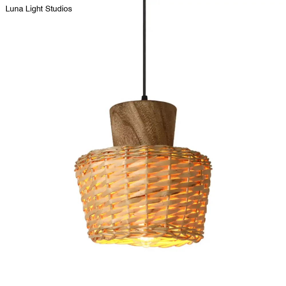 Bamboo Weave Pendant Light - Asian Style, 1-Light Wooden Hanging Lamp for Bedroom