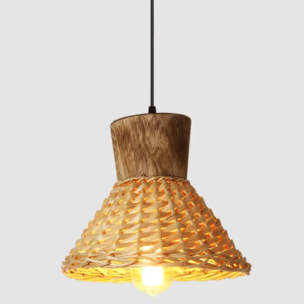 Bamboo Weave Pendant Light - Asian Style, 1-Light Wooden Hanging Lamp for Bedroom