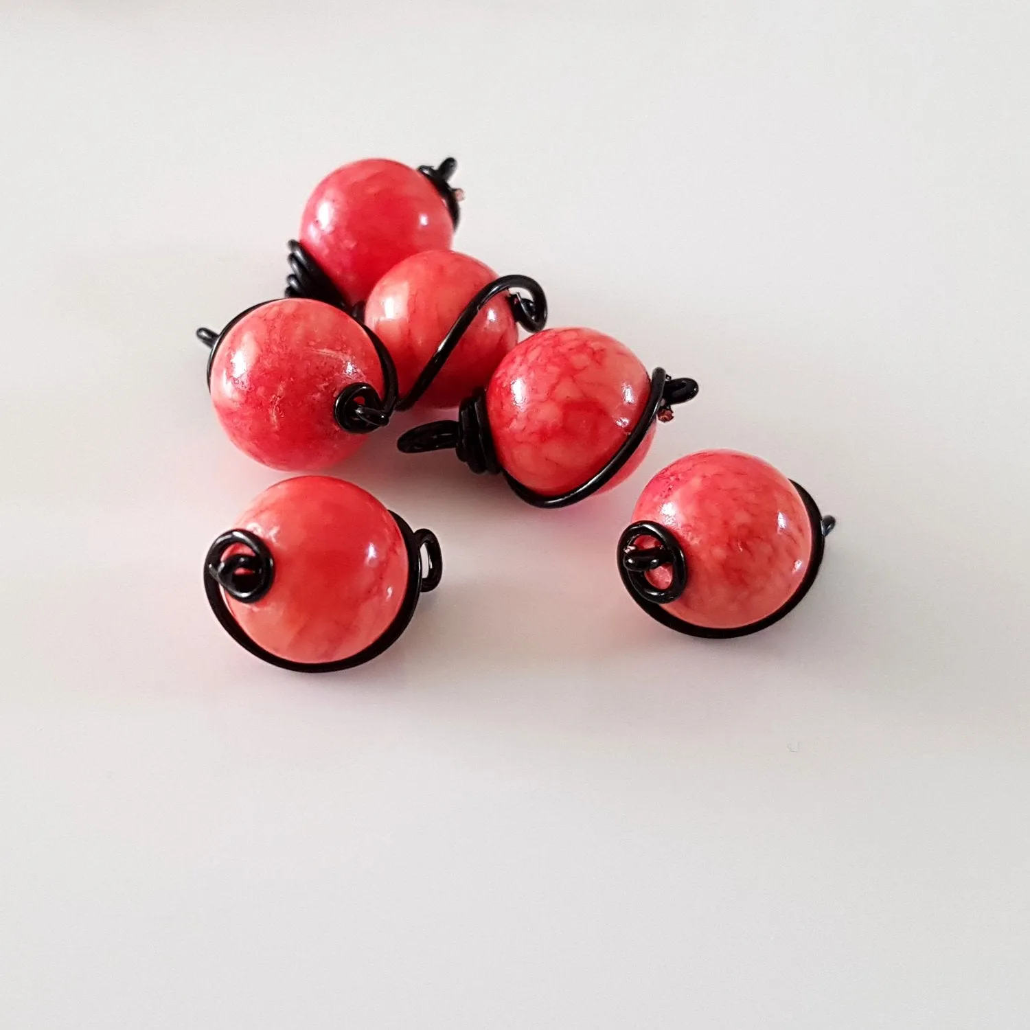 Bead Charm Black Wire Wrapped Peach Dyed Stone 10 mm 3pc Pack | WB-005D