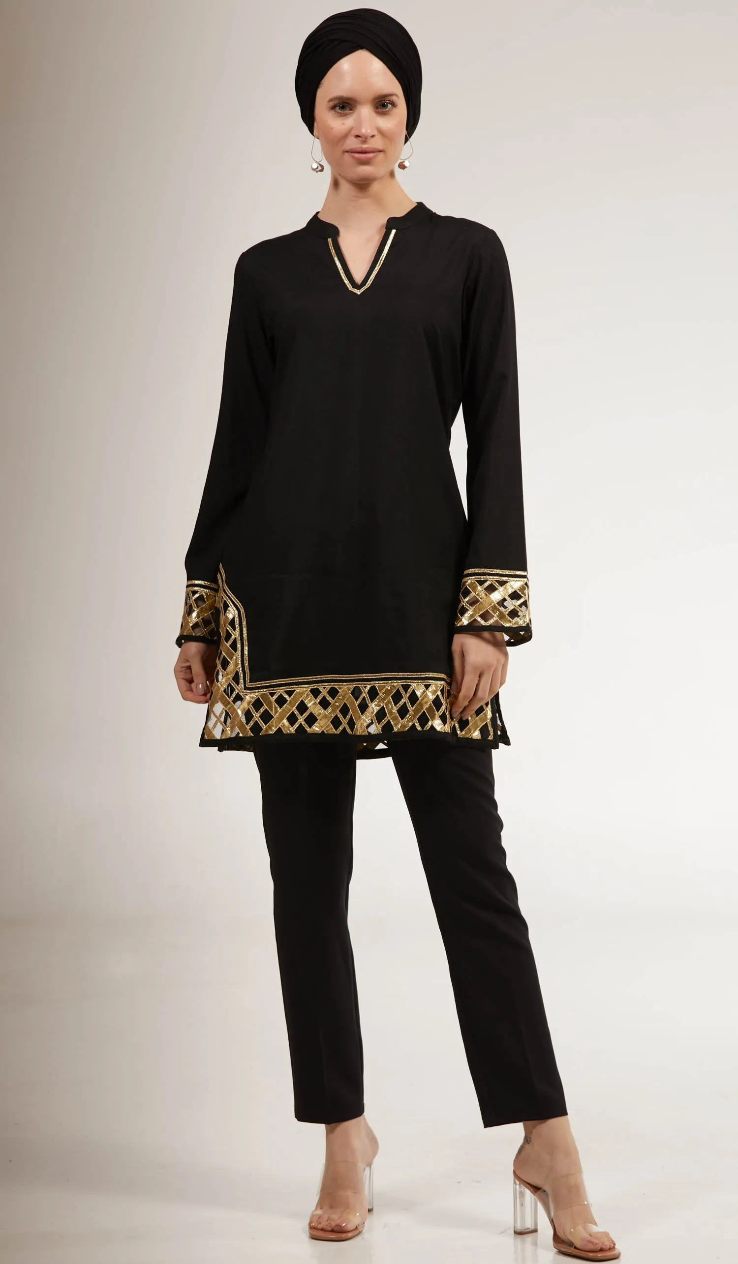 Behnaz Gold Embellished Long Modest Tunic - Black