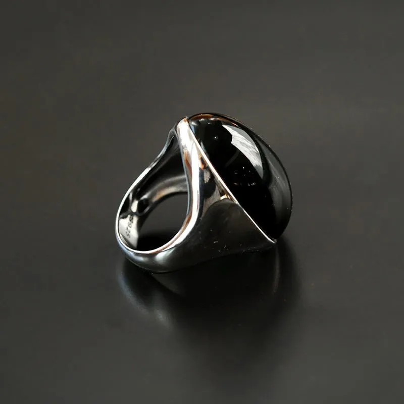 Black Agate Gray White Chalcedony Oval Egg Sterling Silver Ring